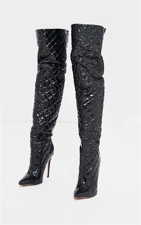 black vinyl quilted thigh high boot shoes prettylittlething