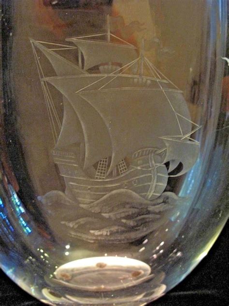 orrefors clear art glass vase w etched nautical sailing boat ship motif