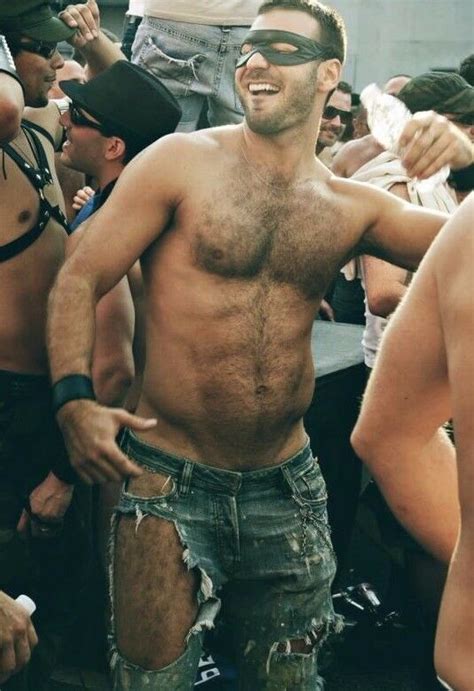 Shirtless Male Muscular Hairy Chest Abs Beard Torn Jeans