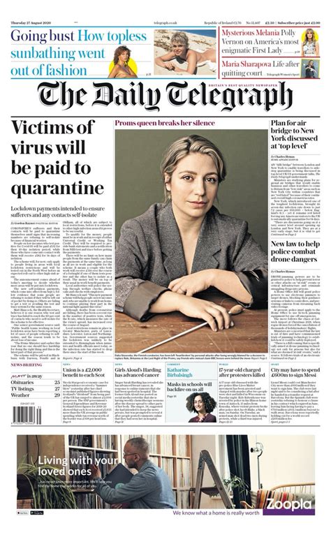 Daily Telegraph Front Page 27th Of August 2020 Tomorrow S Papers Today