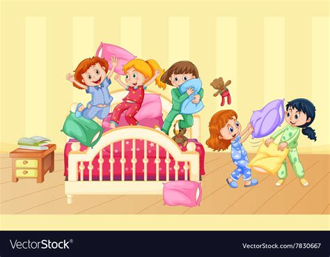 girls playing pillow fight at slumber party vector image