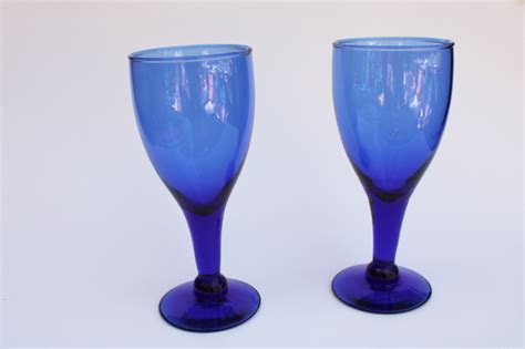 Vintage Cobalt Blue Glass Goblets Chunky Rustic Style Water Or Wine
