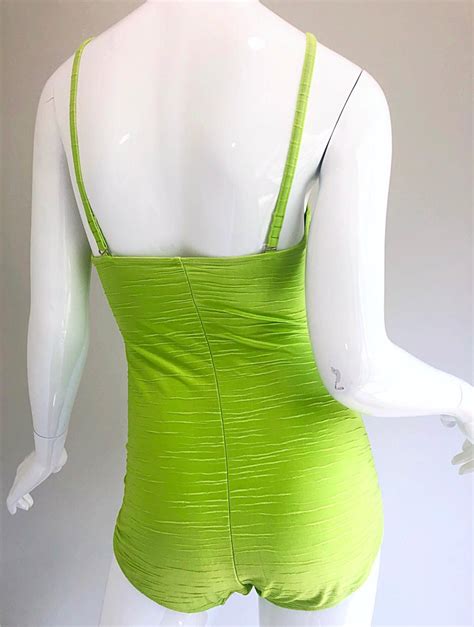 Size 14 Oscar De La Renta Neon Lime Green One Piece 60s Style Swimsuit