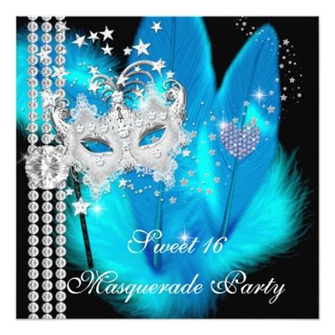 masquerade sweet 16 teal black feather mask invitation