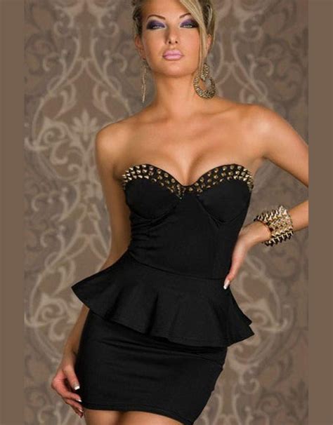 hot fashion strapless peplum dresses metallic details trim sexy black