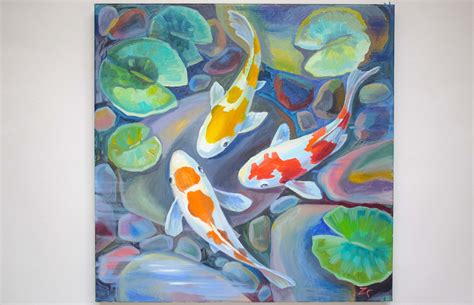 koi fish pond oil painting original koi fish paintings