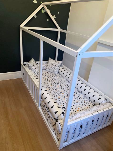painted toddler house bed  slats montessori floor bed kids bed wood bed kids bedroom