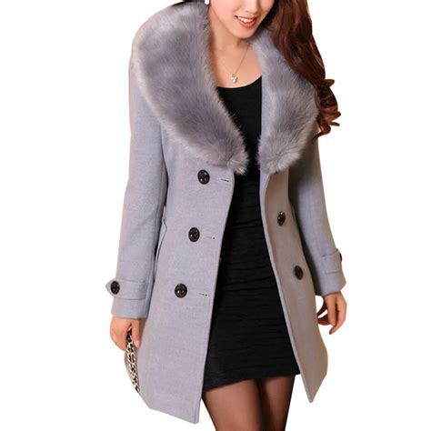 women wool long coats winter warm faux fur collar double breasted  belt overcoat