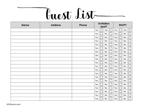 printable guest list template customize