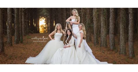 sisters wear their old wedding dresses for photo popsugar australia love and sex