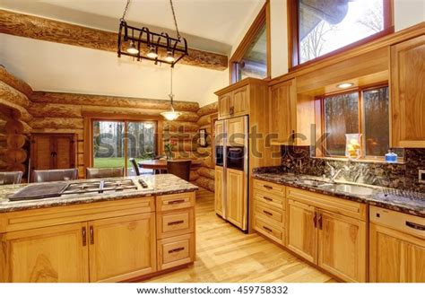 log cabin kitchen interior design large stock photo edit