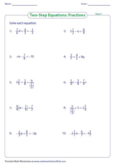solving equations  fractions worksheet  answers worksheet