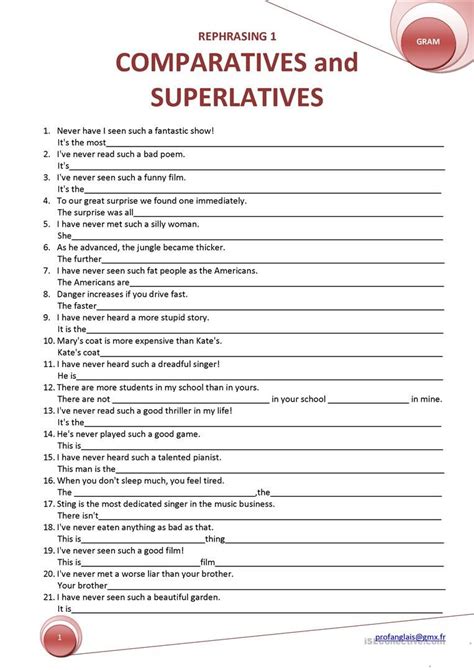 rephrasing 1 comparatives and superlatives english grammar exercises