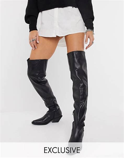 asra exclusive kyla over the knee western boots in black leather asos
