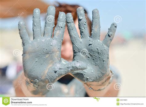 mature woman showing healthy mineral blue mud  p stock image image