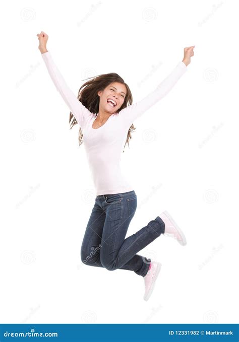 happy woman jumping isolated stock photo image  arms body