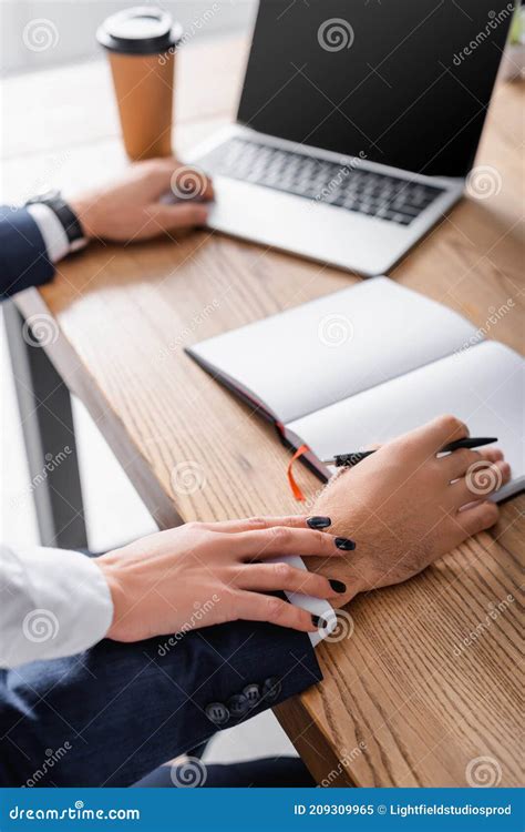 cropped view  secretary touching hand stock image image  business