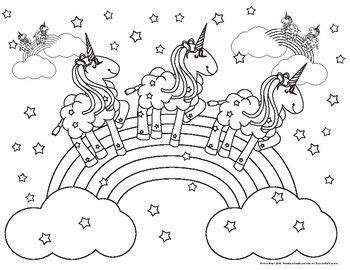 coloring pink fluffy unicorns dancing  rainbows coloring page