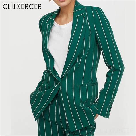 women elegant pant suits 2 piece sets striped green blazer and jacket vintage striped wide leg