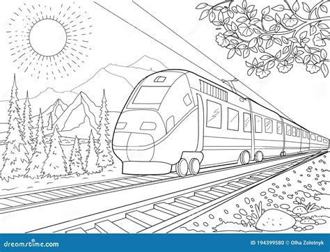 model train  railroad coloring pagethe mountains stock vector
