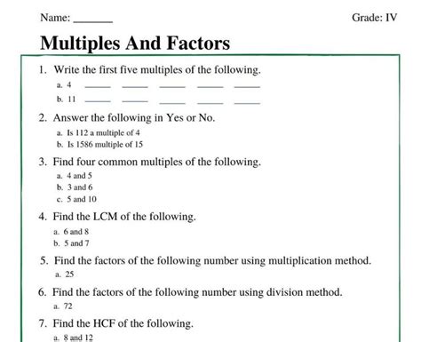 factors  multiples worksheet  class  students teachers favourite choice