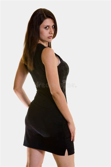 vrouw  minirok stock afbeelding image  zwart brunette