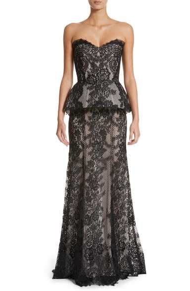 monique lhuillier strapless peplum lace gown floral dresses long ball gowns gowns