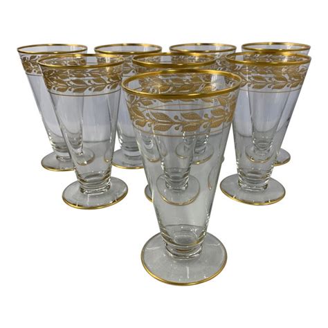 Vintage Glastonbury Lotus Laurel Gold Crystal Glassware Set Of 8