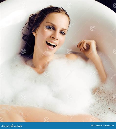 Young Cute Sweet Brunette Woman Taking Bath Happy Smiling People