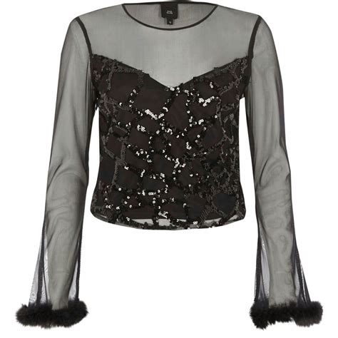 black mesh sequin long sleeve top women clothes sale long sleeve