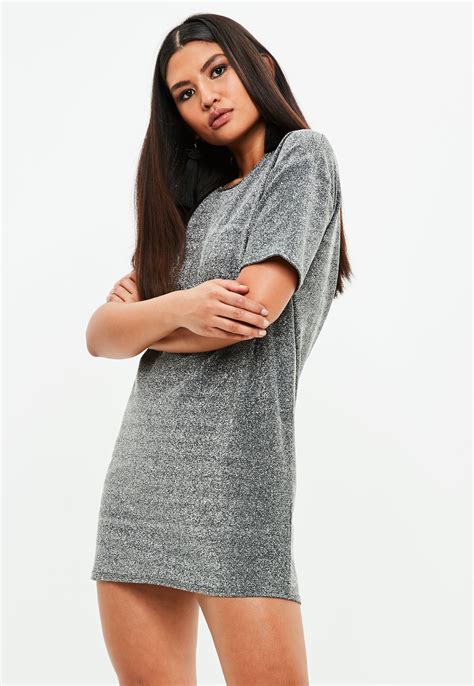 missguided synthetic silver glitter oversized t shirt dress in metallic