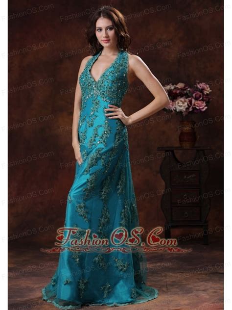 halter turquoise brush train prom dress with appliques