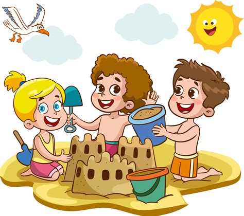 sand castle boy girl build home  beach cartoon children playing  vacation flat cute kids