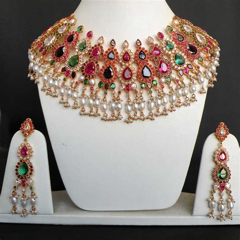 Goldplated Indian Jaipur Navratan Bridal Jewelry Emerald Ruby Pearl
