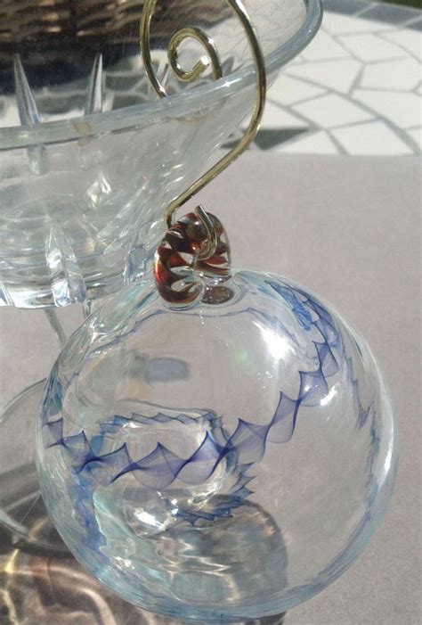 Hand Blown Glass Globe Ornament Cobalt Blue Spiral Ribbon Etsy Hand