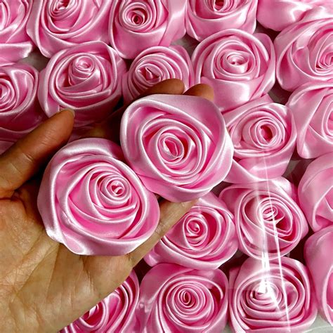 12pc pink 2 satin ribbon rose flower diy wedding bridal bouquet 50mm