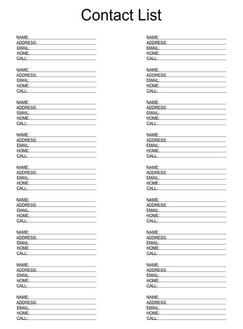 phone contact list template printable     printablee