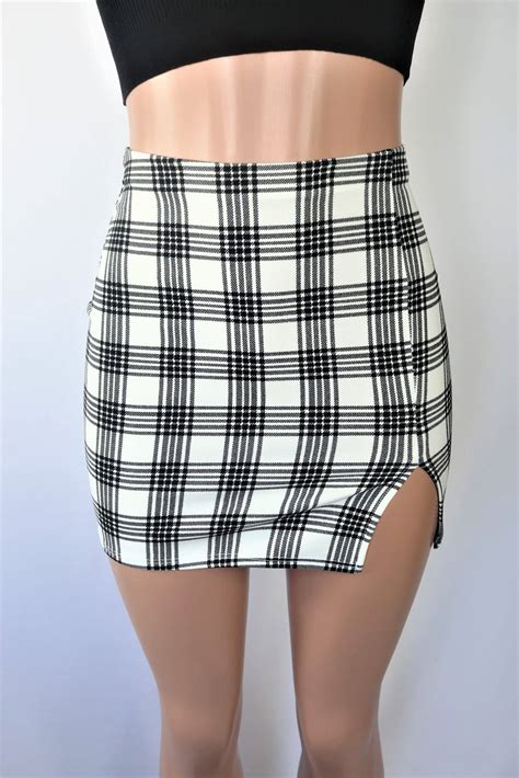 Sofie Plaid Skirt High Waisted Black White Plaid Mini Skirt With Slit