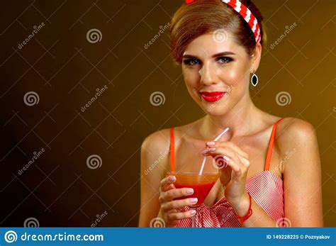 Girl Drinks Martini Cocktail Woman On Thematic Party Retro Style Stock