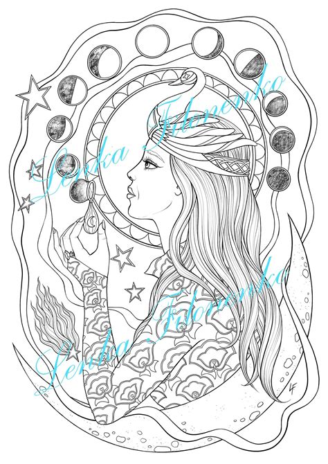 coloring page  adults moon queen  art   etsy uk