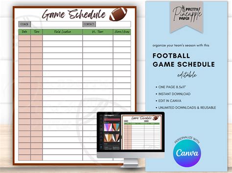 editable football game schedule template instant   organize