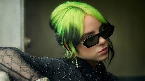 cute billie eilish  wearing black dress  sunglasses  green color hair posing