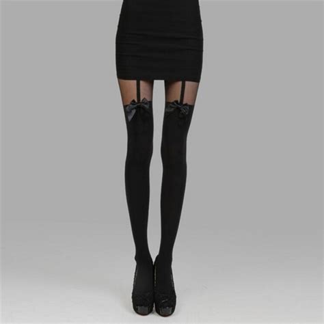 women sexy black stockings thin tights bow pantyhose tattoo mock bow