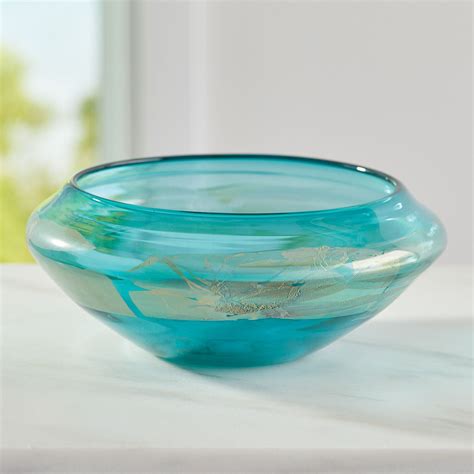 Art Glass Bowl Blown Glass Bowl In Aqua Blue With 24k Gold And