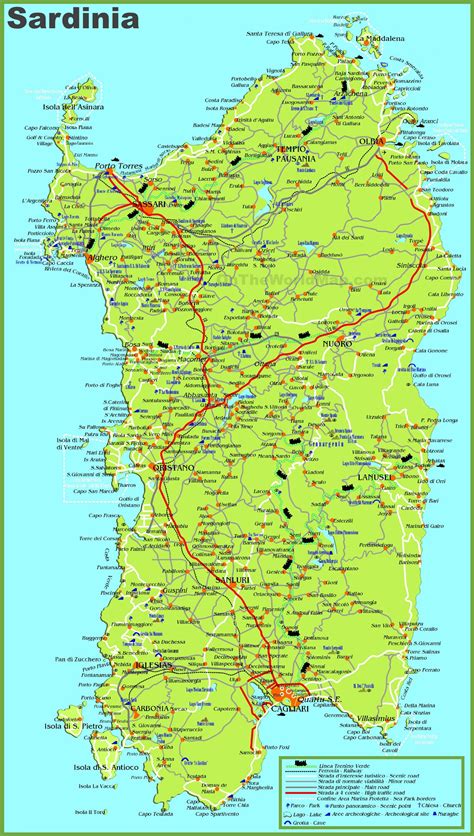 large detailed map  sardinia  cities towns  roads