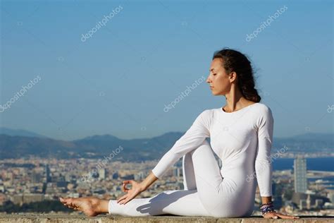 Beautiful Healthy Woman Meditating Yoga And Enjoying Sunny Evening