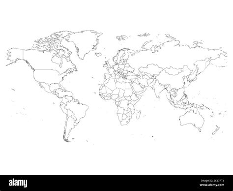World Map With Country Borders Thin Black Outline On