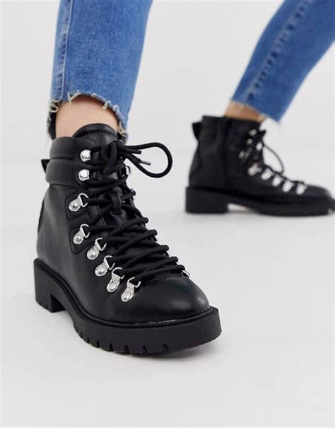 New Look Lace Detail Chunky Flat Hiker Boots In Black Asos