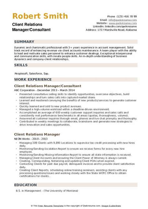 Client Relations Manager Resume Samples Qwikresume