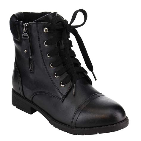 lace  military style combat ankle bootie womens boots vegan leather  black walmartcom